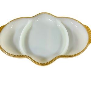 Anchor Hocking VTG Fire King Milk Glass Divided Serving Dish 50’s Gold Trim
